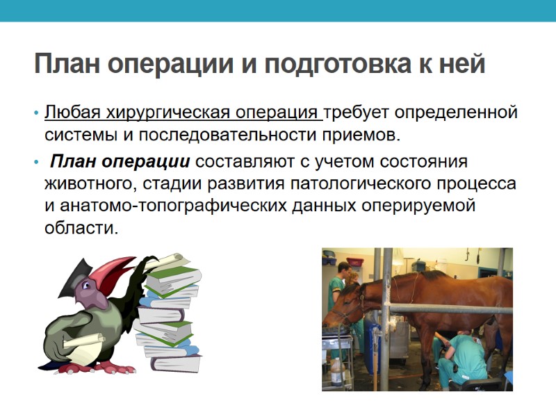 План операции и подготовка к ней Любая хирургическая операция требует определенной системы и последовательности